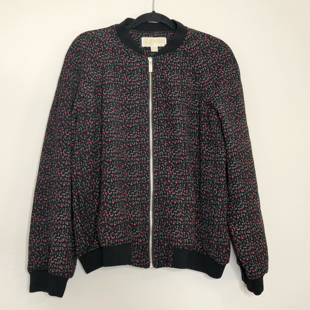 Michael Kors Black Red Floral Zipper Bomber Jacket Size Large Women’s